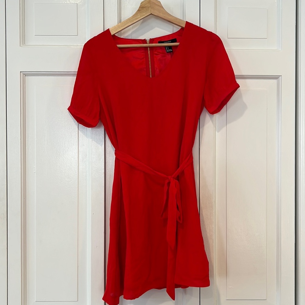 Bright red chiffon mini dress with detachable self tie. Sheer shirt sleeves